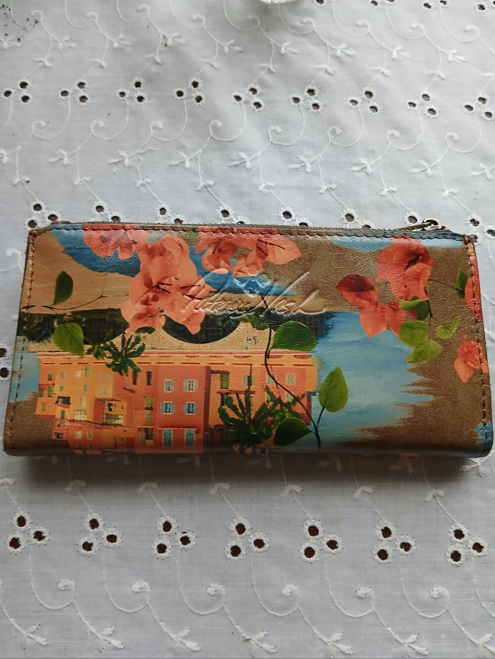 Patricia Nash French Rivera Coastal Print Wallet with Brown Leather Snap - Picture 2 of 5